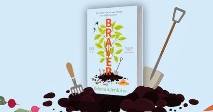 An animated banner ad for 'Braver' by Deborah Jenkins showing the book standing in a pile of earth, surrounded by garden tools and vegetables, with birds flying above