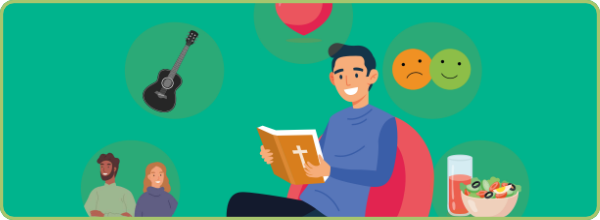 Image link for Living Well With God page showing a detail from the book cover, an animated man reading a Bible
