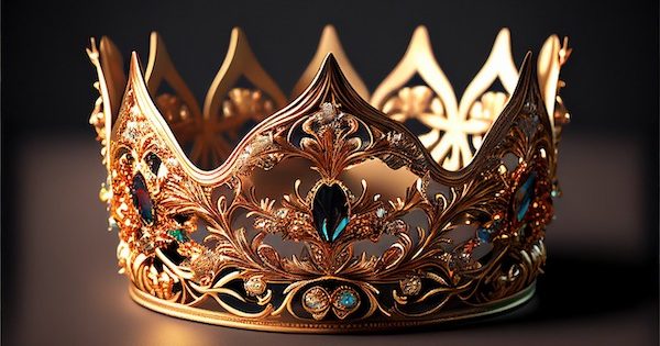 An ornate golden crown set with sparkling emeralds