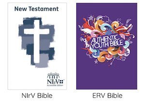 Two Bible covers, the NIrV accessible Bible and the ERV authentic youth Bible
