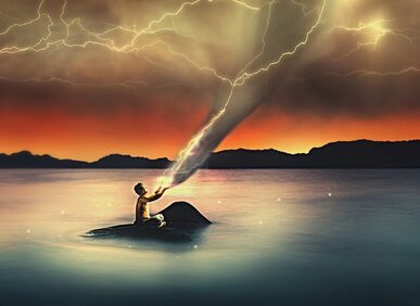 A depiction of Job's relationship with God, showing a man on a small island reaching into a dark tornado of lightning and smoke
