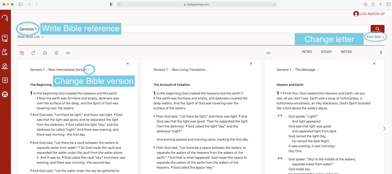 Image of BibleGateway website showing how to change Bible version and font size