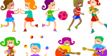 Cartoon people doing different things like playing with a ball, painting and playing a guitar