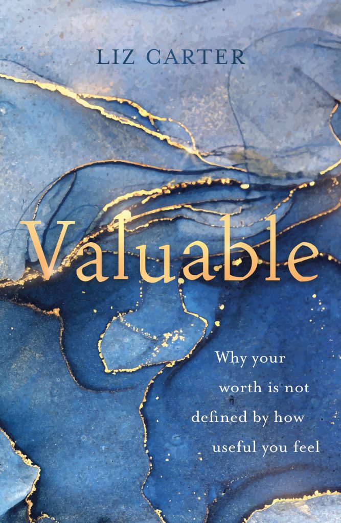 Book cover 'Valuable' by Liz Carter, showing the surface of a blue pot, mended with threads of gold.