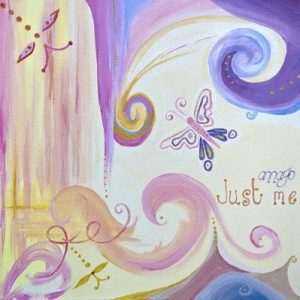 Just Me cover, a colourful painting with butterflies and swirls