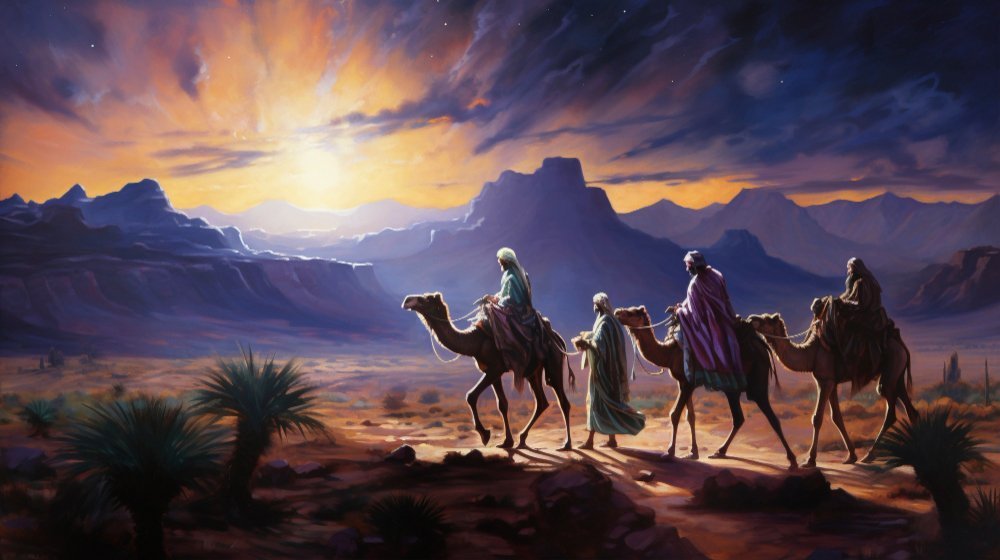 Wise men on camels following a star