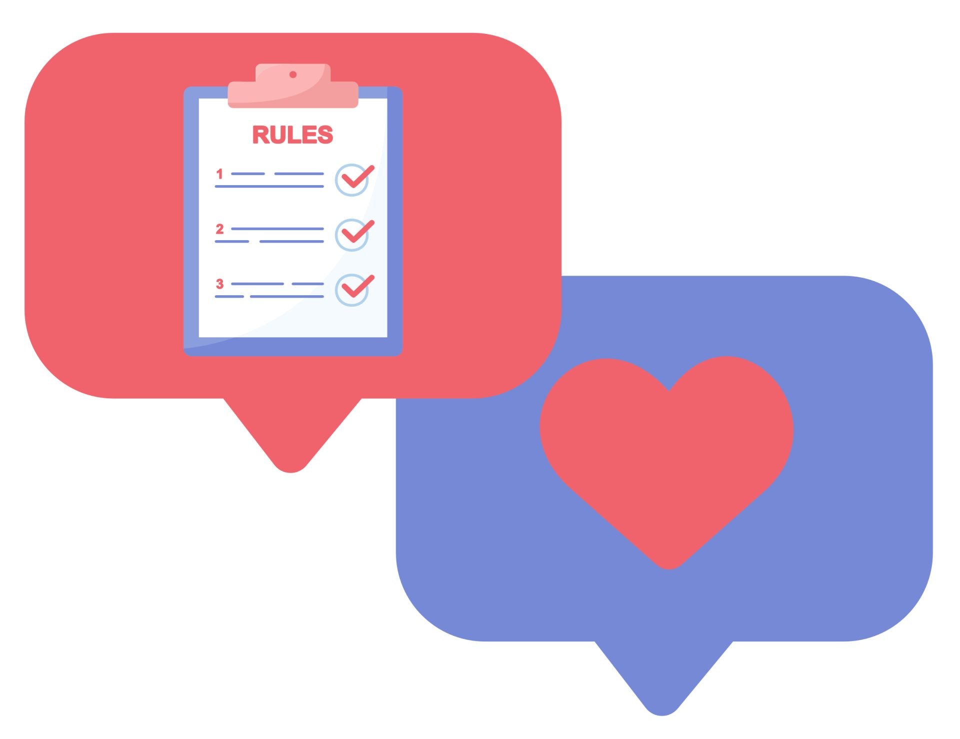 Two speech bubbles, one containing a list of rules, the other containg a heart