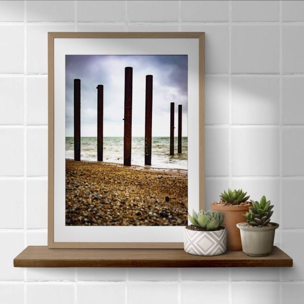Standing wave print framed on shelf with cactus plants