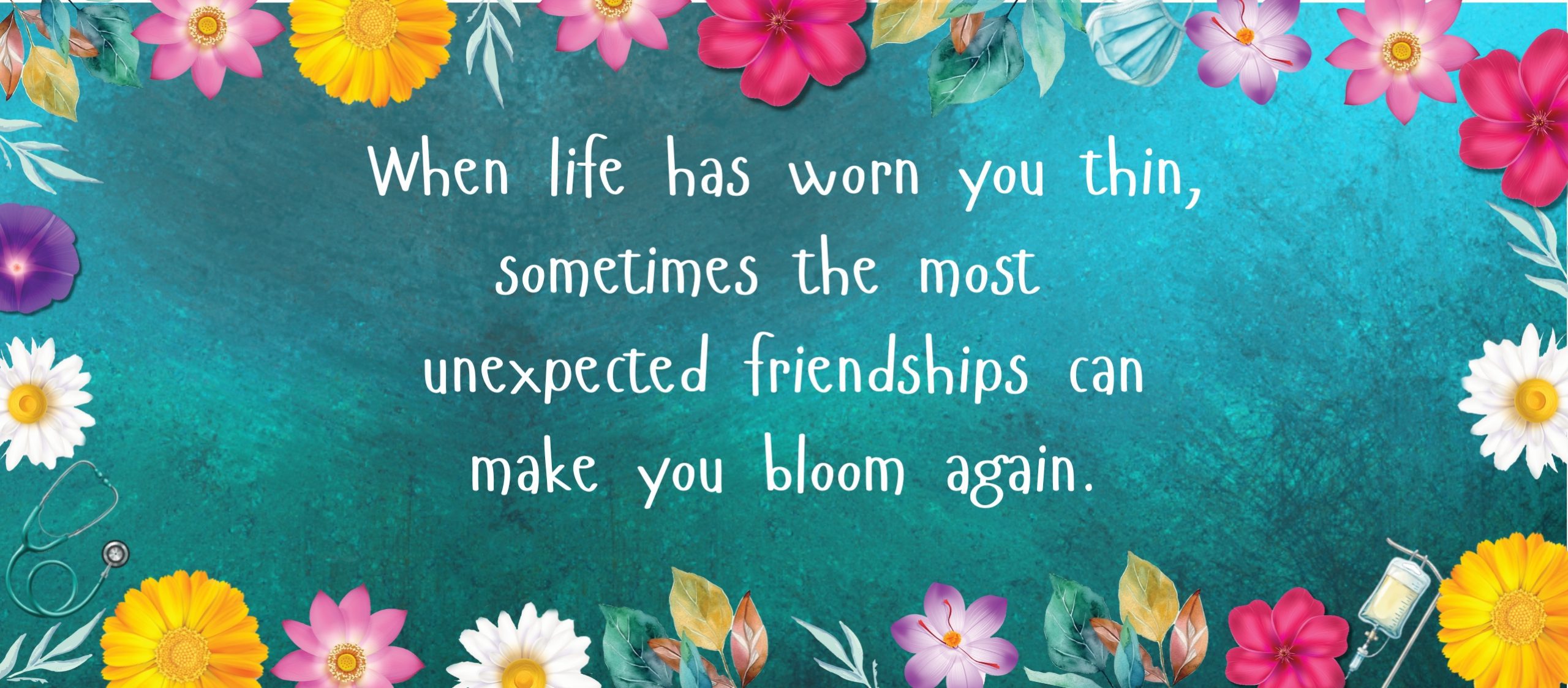 Banner ad for 'The Flowers of Bay C' by EM Carter, with colourful flowers on a turquoise background and the tagline "When life has worn you thin, sometimes the most unexpected friendships can make you bloom again."